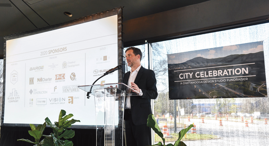Photography by Mark Gilliland / Eric Myers speaks during Chattanooga Design Studio's City Celebration 2020 luncheon.
