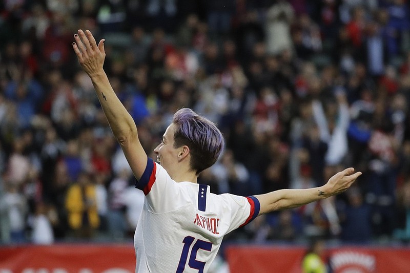 U.S. forward Megan Rapinoe celebrates after scoring against Canada during the second half of a CONCACAF women's Olympic qualifying soccer match Sunday, Feb. 9, 2020, in Carson, Calif. The U.S. won 3-0. (AP Photo/Chris Carlson)