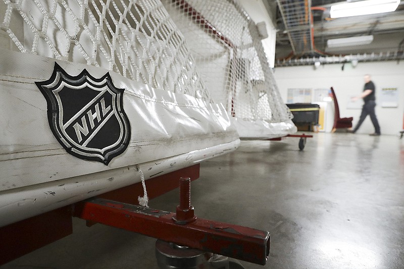 AP photo by Mark Humphrey / Goals used by the Nashville Predators are stored in a hallway in Bridgestone Arena on March 12, the first day NHL games were postponed as part of the league's "pause" of its 2019-20 season due to the COVID-19 pandemic.