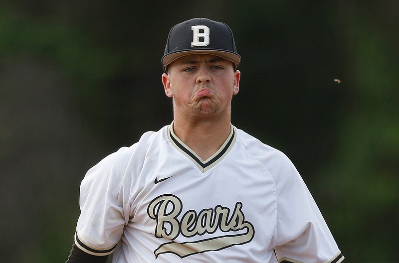 Staff photo / Bradley Central pitcher Riley Black reacts to walking a runner during a District 5-AAA tournament game against Ooltewah on May 3, 2019 at Soddy-Daisy.