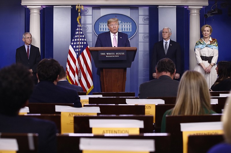 President Donald Trump speaks during a coronavirus task force briefing at the White House, Saturday, April 4, 2020, in Washington. From left, Dr. Anthony Fauci, director of the National Institute of Allergy and Infectious Diseases, Trump, Vice President Mike Pence and Dr. Deborah Birx, White House coronavirus response coordinator. (AP Photo/Patrick Semansky)