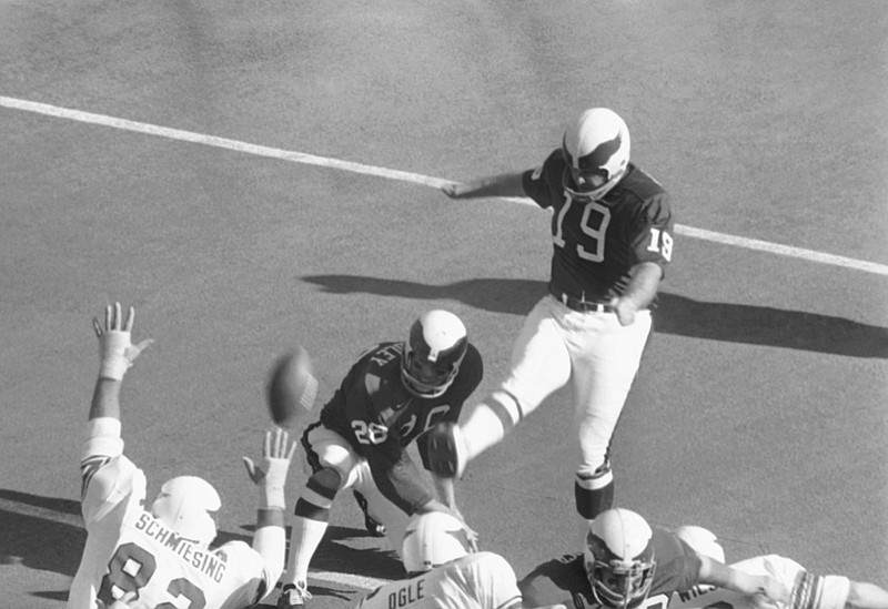 AP file photo / Philadelphia Eagles kicker Tom Dempsey follows through on a PAT against the host St. Louis Cardinals on Nov. 22, 1971.