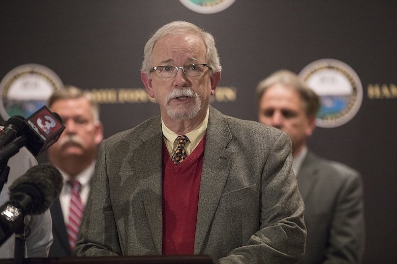 Staff photo by Troy Stolt / Dr. Paul Hendricks, Health Officer for the Chattanooga-Hamilton County Health Department, speaks during a press conference in Golley Auditorium at the Hamilton County Health Department on Wednesday, March 18, 2020, in Chattanooga, Tenn. It was announced during the Press conference that the second and third cases of COVID-19 coronavirus in Hamilton County had been confirmed.