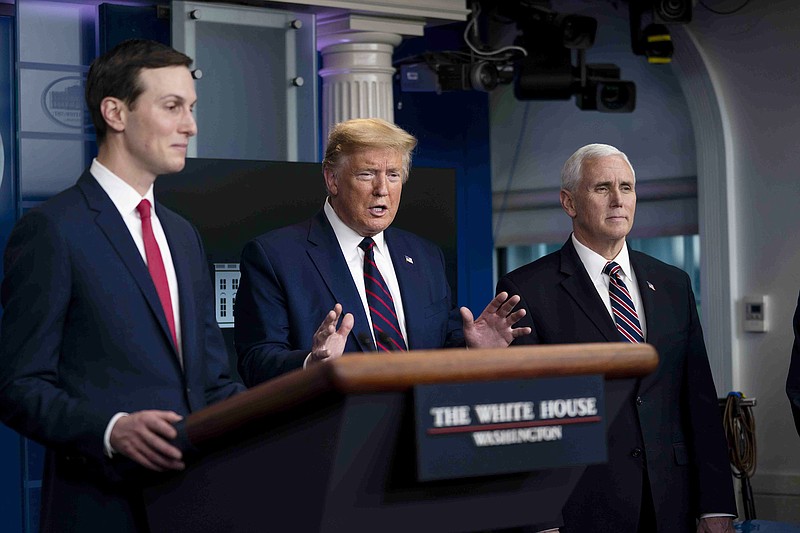 Photo by Doug Mills of The New York Times) / President Donald Trump, surrounded by Senior Adviser Jared Kushner, left, and Vice President Mike Pence, addresses a news conference about the coronavirus at the White House in Washington, Thursday, April 2, 2020.