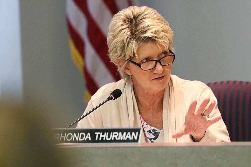 Hamilton County Schools board member Rhonda Thurman asks for more clarification on an item as the board goes over and updates policies during a school board meeting Thursday, July 11, 2019 at the Hamilton County Department of Education in Chattanooga, Tennessee. / Staff photo by Erin O. Smith