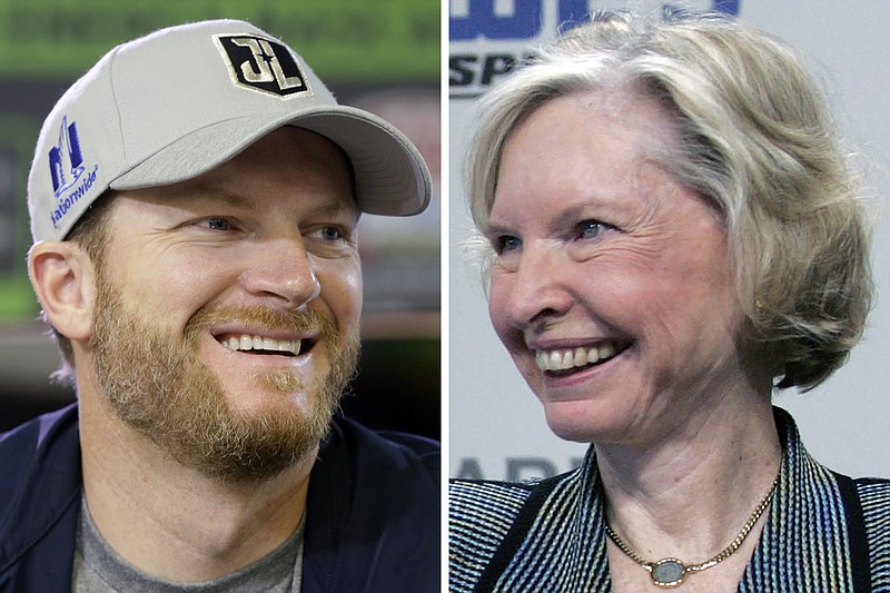 AP file photos / From left are Dale Earnhardt Jr. in 2017 and Janet Guthrie in 2006. Earnhardt is among the new nominees for the NASCAR Hall of Fame. Guthrie, the first woman to run in the Indianapolis 500, the Daytona 500 and the Coca-Cola 600, returns as a nominee to the Landmark category after a one-year absence.