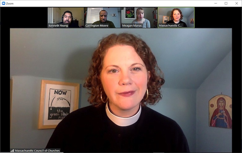 In this April 2, 2020, frame from a Zoom video, the Rev. Laura Everett in Boston delivers a sermon for Boston's First Baptist Church. As Everett delivered a previous sermon, a user who had seen the church service advertised entered the video conferencing session and shouted homophobic and racist slurs. Everett said she had tweeted the link to the sermon because she wanted "the doors of the church to be open to every weary soul who is looking for a word of comfort." (The Rev. Laura E. Everett via AP)