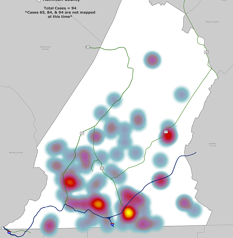 A heat map provided by Hamilton County shows no abnormal COVID-19 hot sports in the county. 