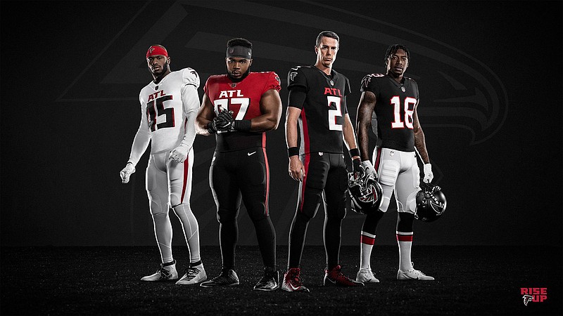 Atlanta Falcons photo / From left, linebacker Deion Jones, defensive lineman Grady Jarrett, quarterback Matt Ryan and wide receiver Calvin Ridley model the redesigned Atlanta Falcons uniforms for 2020.