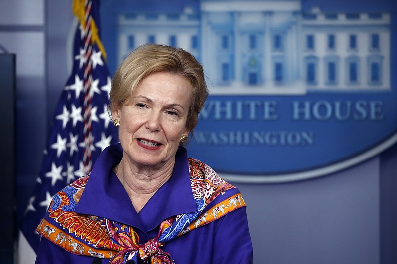 Photo by Alex Brandon of The Associated Press / Dr. Deborah Birx, White House coronavirus response coordinator, speaks about the coronavirus in the James Brady Press Briefing Room of the White House on Wednesday, April 8, 2020, in Washington.