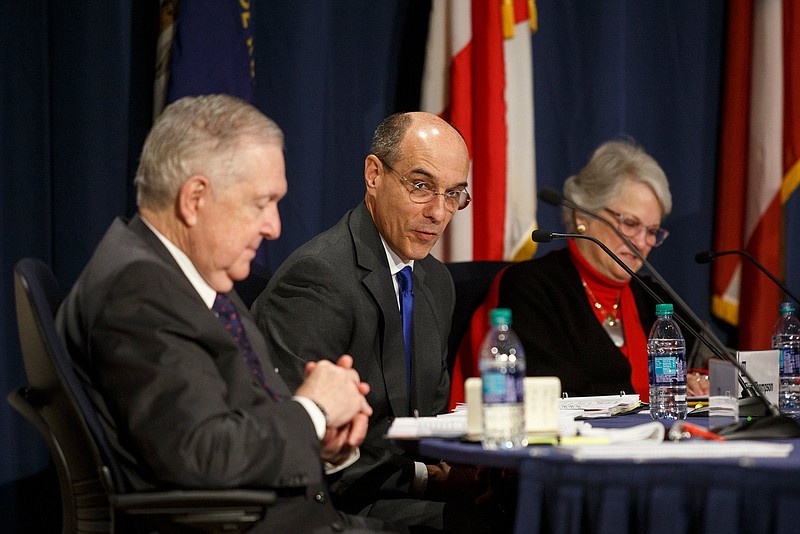 Staff photo by Doug Strickland / TVA director James "Skip" Thompson, center, speaks flanked by directors Virginia Lodge, right, and A.D. Frazier during a meeting by the Tennessee Valley Authority's board of directors at TVA Headquarters on Thursday, Feb. 14, 2019, in Chattanooga