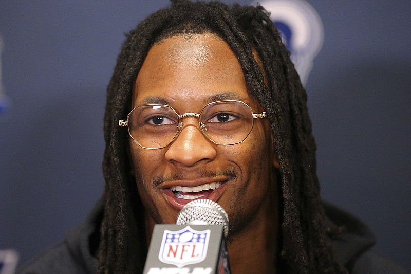 AP photo by John Bazemore / Running back Todd Gurley speaks to reporters during a news conference in Atlanta on Jan. 31, 2019, ahead of his Los Angeles Rams taking on the New England Patriots in Super Bowl LIII. Gurley, who starred for the Georgia Bulldogs in college, spent his first five NFL seasons with the Rams but has agreed to a one-year deal with the Atlanta Falcons.