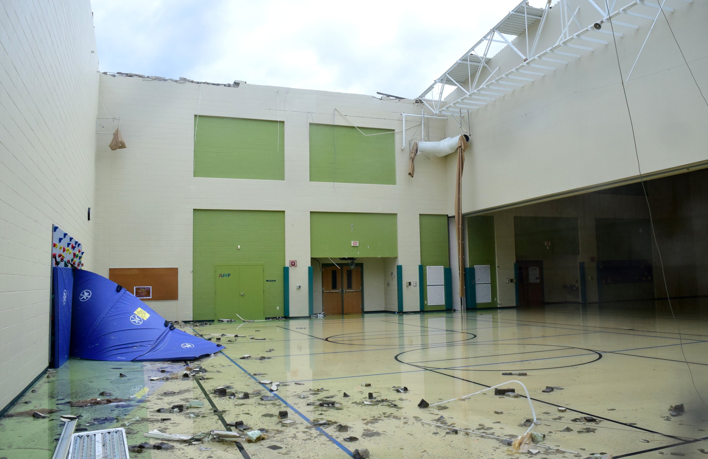 Staff Photo by Robin Rudd / The roof of the gym at East Brainerd Elementary School was totally blown off. The Chattanooga Area was hit by severe storms on the night of April 12, 2020.