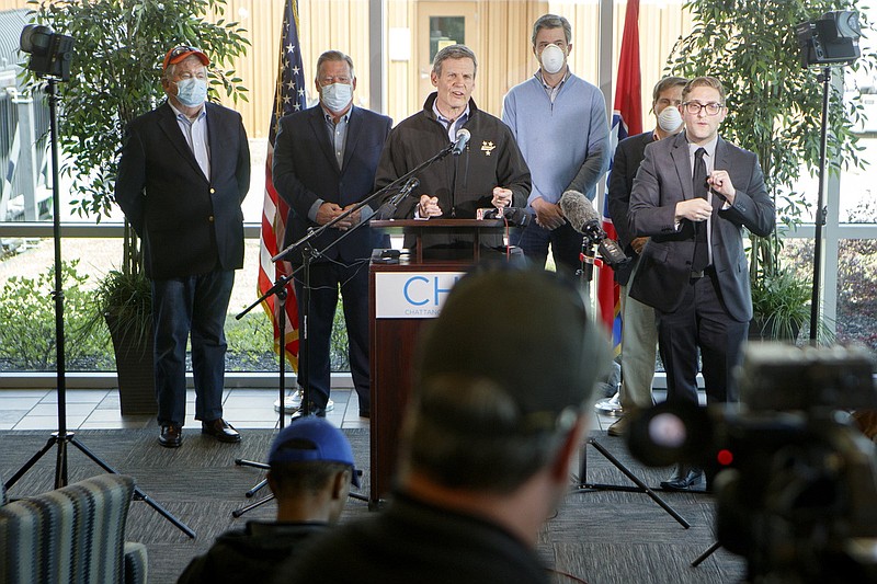 Staff photo by C.B. Schmelter / Gov. Bill Lee speaks during a press conference at Wilson Air Center on Tuesday, April 14, 2020, in Chattanooga, Tenn. Violent storms and an EF-3 tornado tore through eastern Hamilton County and Northwest Georgia Sunday night and Monday morning.