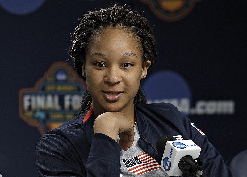 AP photo by Chris O'Meara / Maori Davenport answers a question during a news conference on April 4, 2019, in Tampa, Fla.