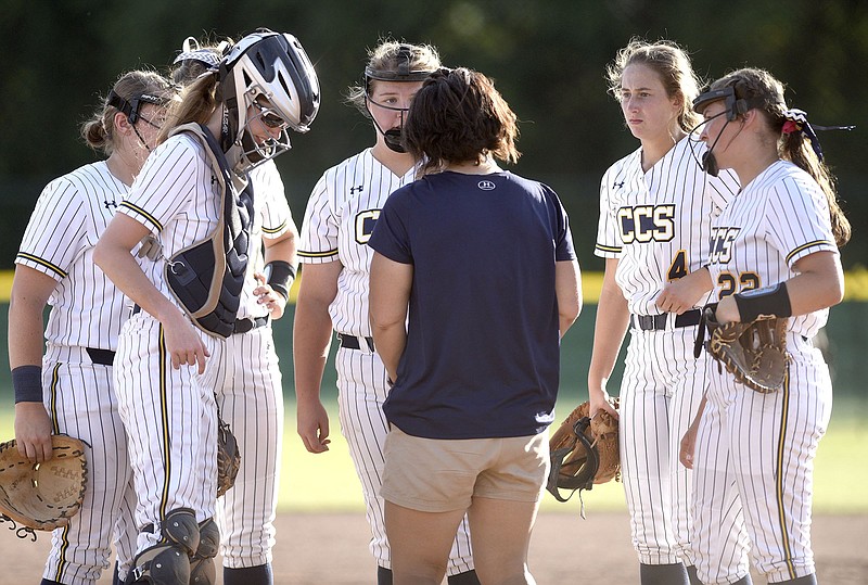 Staff photo by Robin Rudd / Chattanooga Christian softball coach Lisa Gray meets with her players in the pitching circle during a game against The King's Academy in the championship round of the TSSAA Division II-A state tournament on May 23, 2019. Tennessee prep softball teams will not play for state titles this spring with the Spring Fling canceled due to the COVID-19 pandemic.