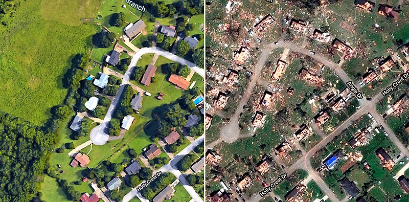 A Google Map image (left) shows an area of the Holly Hills subdivision in East Brainerd before a tornado blew through and destroyed several homes, which can be seen in an aerial photo taken by the Associated Press (right).