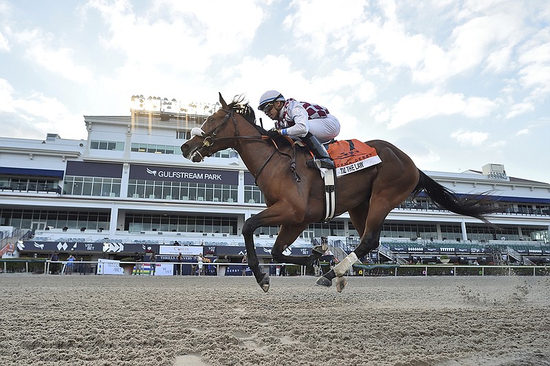 Photo by Lauren King for Conglianese Photos, Gulfstream Park via AP / Tiz the Law, ridden by Manuel Franco, wins the Florida Derby on March 28 at Gulfstream Park in Hallandale Beach, Fla.