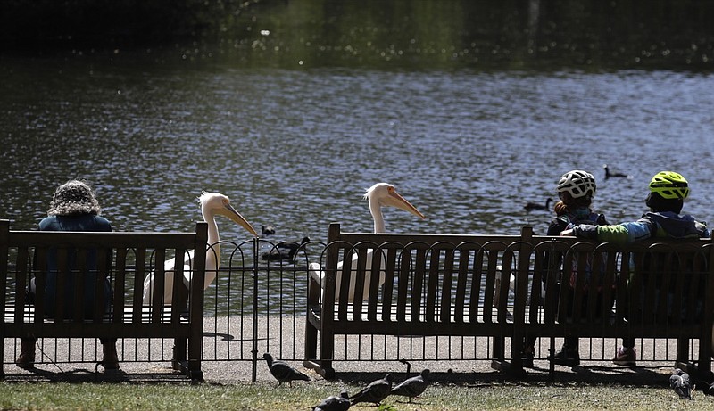 People sit on benches obeying the social distancing in St James's Park in London, as the country continues in lockdown to help curb the spread of the coronavirus, Sunday, April 19, 2020. The highly contagious COVID-19 coronavirus has impacted on nations around the globe, many imposing self isolation and exercising social distancing when people move from their homes.(AP Photo/Kirsty Wigglesworth)