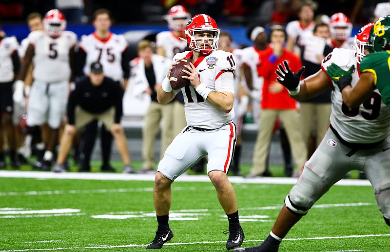 University of Georgia photo by Tony Walsh / Georgia quarterback Jake Fromm drops back and prepares to pass during the Bulldogs' Sugar Bowl victory against Baylor on New Year's Day 2020 at the Superdome in New Orleans.