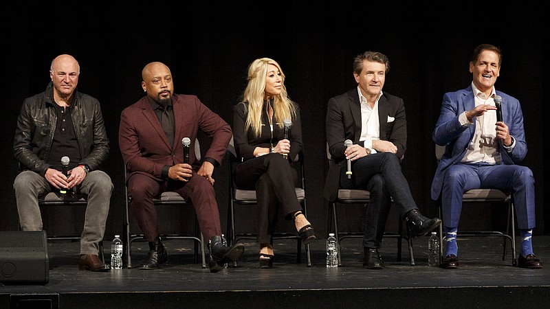 Staff photo by C.B. Schmelter / "Shark Tank" members venture capitalist Kevin O'Leary, left, fashion and branding expert Daymond John, inventor Lori Greiner, technology innovator Robert Herjavec and AXS TV Owner and Chairman and Dallas Mavericks Owner Mark Cuban speak at Chattanooga Christian School on Friday, Jan. 24, 2020 in Chattanooga, Tenn. Senior Connelly Grant won a sweepstakes by the the show "Shark Tank" to have the Sharks appear at her school.