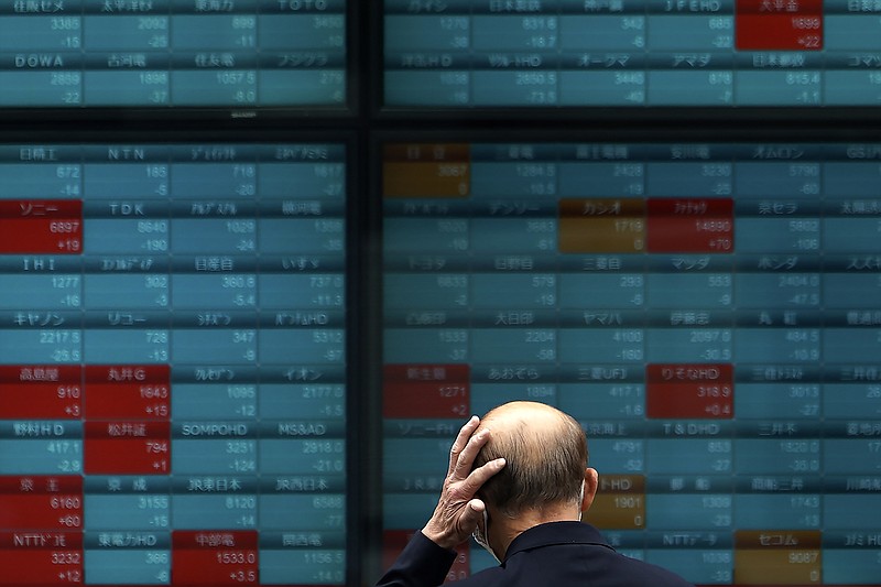 A man wearing a mask against the spread of the new coronavirus looks at an electronic stock board showing Japan's Nikkei 225 index at a securities firm in Tokyo Tuesday, April 21, 2020. Asian shares skidded on Tuesday after U.S. oil futures plunged below zero as storage for crude runs close to full amid a worldwide glut as demand collapses due to the pandemic.(AP Photo/Eugene Hoshiko)


