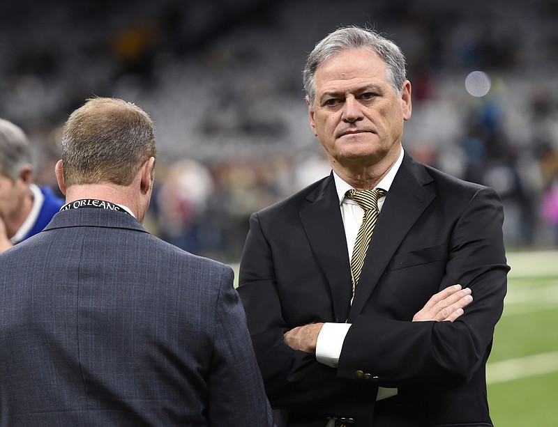 AP photo by Bill Feig / New Orleans Saints general manager Mickey Loomis stands on the field before a home game against the Carolina Panthers on Dec. 30, 2018.