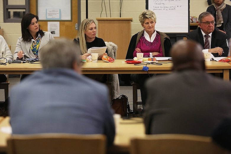 Hamilton County school board members Jenny Hill, Tiffanie Robinson, Rhonda Thurman and Steve Highlander listen to Hamilton County commissioners during a Hamilton County school board and Hamilton County Commission joint meeting Monday, Dec. 9, 2019, at Red Bank Middle School in Red Bank, Tennessee. / Staff file photo