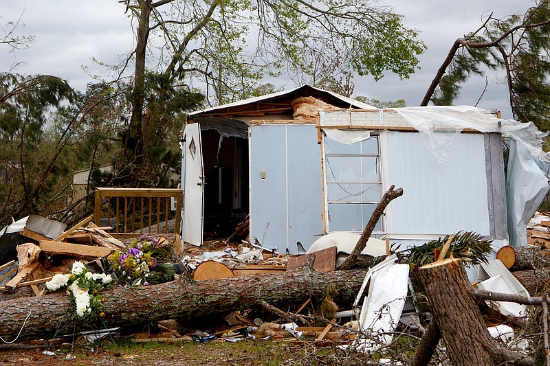 Staff photo by C.B. Schmelter / Damage is seen to a home in the Auburn Hills Mobile Home Park on Thursday, April 23, 2020 in Ooltewah, Tenn. Auburn Hills Mobile Home Park was hit hard during the Easter tornados.