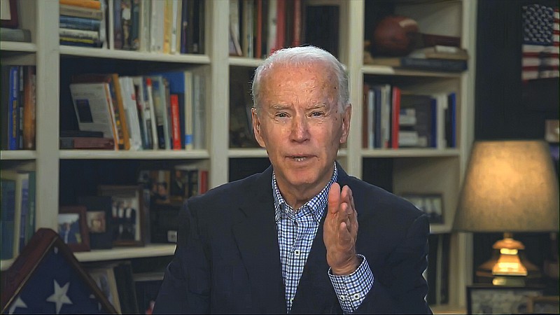 Biden for President via AP / In this image from video provided by the Biden for President campaign, Democratic presidential candidate former Vice President Joe Biden speaks during a virtual press briefing on March 25.