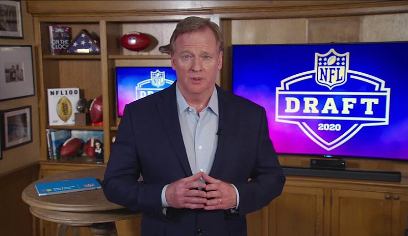NFL photo via AP / In this still from video, NFL commissioner Roger Goodell speaks from his home in Bronxville, N.Y., during the first round of the league's draft Thursday night. The event, originally scheduled for the Las Vegas Strip, is being held remotely due to the COVID-19 pandemic.