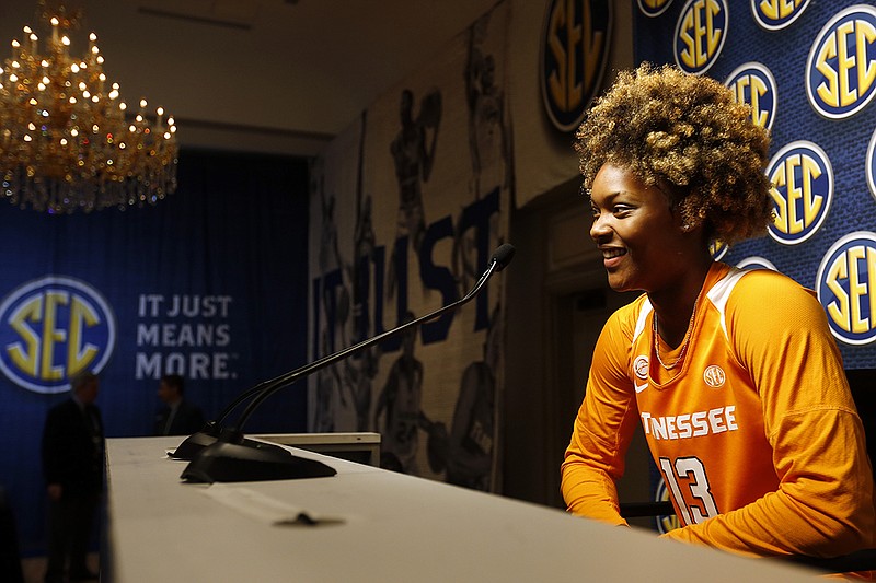 AP photo by Butch Dill / Jazmine Massengill represents Tennessee during the SEC women's basketball media day for the 2019-20 season last October in Birmingham, Ala. Massengill, who prepped at Chattanooga's Hamilton Heights Christian Academy and played her first two college seasons for the Lady Vols, has transferred to Kentucky. By joining the Wildcats, she will reunite with former Tennessee Xtreme AAU teammates Rhyne Howard and Treasure Hunt.