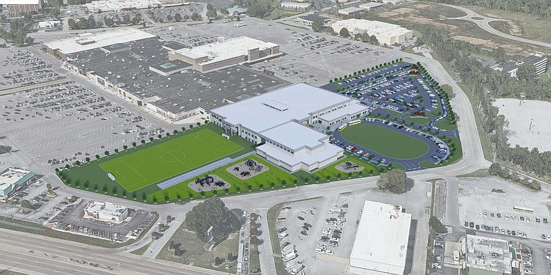 Renderings of a new location for Chattanooga School for the Liberal Arts dated March 2, 2020, depict a new school building, gymnasium, soccer field, playgrounds and parking lots on the former Sears site at Northgate Mall in Hixson. The renderings were presented to the Hamilton County school board during its Thursday, April 23, 2020, meeting. / Photo from Hamilton County Schools