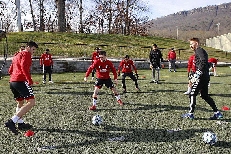 Staff photo by C.B. Schmelter / The Chattanooga Red Wolves soccer team practices at Chattanooga Christian School's David Stanton Field on Feb. 8, 2019.
