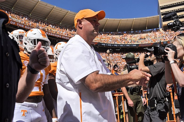 Staff photo by Robin Rudd / Tennessee football coach Jeremy Pruitt prepares to lead the Vols onto the field at Neyland Stadium for their 2019 season opener against Georgia State.