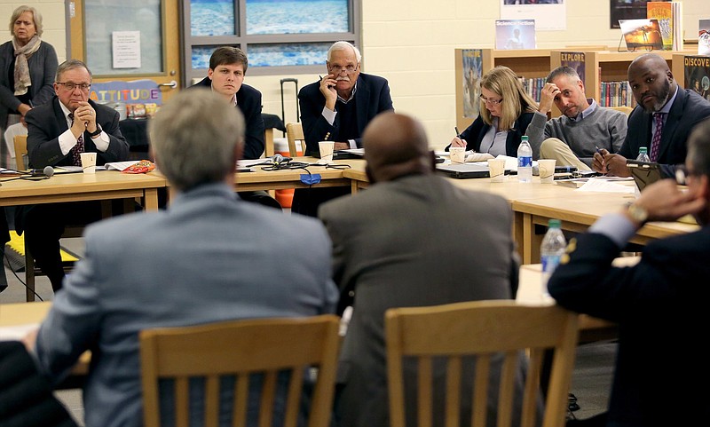 Staff photo by Erin O. Smith / Hamilton County school board members and superintendent listen to Hamilton County commissioners during a Hamilton County school board and Hamilton County Commission joint meeting Monday, December 9, 2019 at Red Bank Middle School in Red Bank, Tennessee. The meeting was held ahead of the 2020 budget cycle.