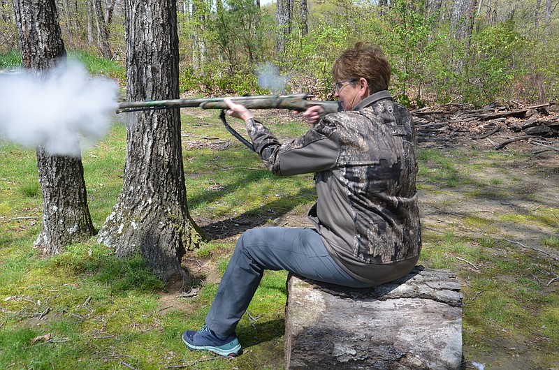 Photo by Gary Petty / Sale Creek's Robyn McDonald fires a practice round with her 12-gauge muzzleloaded shotgun. Despite the added challenges that come with turkey hunting with such a weapon because of the need to reload, McDonald shot two birds in three days at the start of Tennessee's spring season this month.