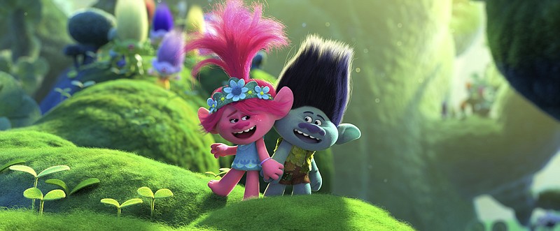 This image released by DreamWorks Animation shows characters Branch, voiced by Justin Timberlake, right, and Poppy, voiced by Anna Kendrick in a scene from "Trolls World Tour." Universal Pictures is calling the "Trolls World Tour" digital release a success and suggests it may be the beginning of a sea change in how movies are released. Theater owners strenuously disagree. AMC Theaters, the largest chain in the United States, is signaling an all-out war, saying it will refuse to play Universal movies. (DreamWorks Animation via AP)


