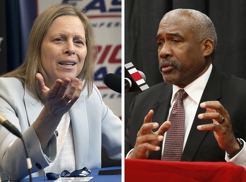 AP photos / At left, Big East Conference commissioner Val Ackerman speaks to reporters on March 12 in New York. At right, Ohio State athletic director Gene Smith answers questions during a news conference on Dec. 4, 2018, in Columbus, Ohio.