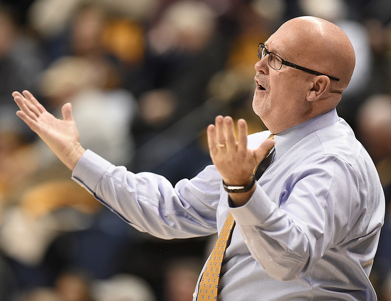 Staff photo by Robin Rudd / Steve Forbes questions an official's call while coaching the East Tennessee State men's basketball team during a SoCon game against UTC on Jan. 6, 2018, at McKenzie Arena. After a successful five-year run with the Buccaneers, Forbes has been hired by struggling ACC program Wake Forest.