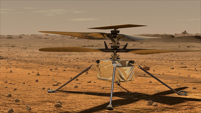 In this artist rendering made available by NASA, depicts a helicopter that will be deployed in Mars later this summer. Vanessa Rupani, an Alabama high school student, won a contest to name the 4-pound solar-powered helicopter. Ingenuity, was the winning name that Rupani submitted from 28,000 names submitted in NASA's "Name the Rover" essay contest for K-12 students in the U.S. (NASA via AP)
