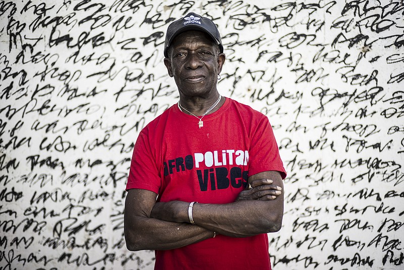 In this photo taken Wednesday, April 5, 2017, pioneering African drummer Tony Allen, whose influential career spanned decades and continents, poses for a portrait ahead of a concert with Senegalese musician Cheikh Lo in Dakar, Senegal. Tony Allen, the driver of the Afrobeat sound who formed a partnership with guitarist and composer Fela Kuti, died of aortic failure at the Pompidou Hospital in Paris aged 79 on Thursday night, his manager Eric Trosset confirmed to The Associated Press on Friday, May 1, 2020. (AP Photo/Sylvain Cherkaoui)


