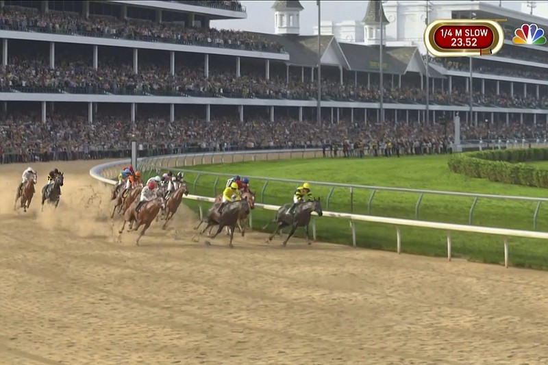 NBC Sports video still via AP/ The field rounds the first turn in a computer-simulated version of the Kentucky Derby between the 13 winners of the Triple Crown on Saturday. Secretariat, the 1973 champ, won the race, which was part of NBC's substitute programming after the Derby was postponed by the coronavirus pandemic. That race has been rescheduled for Sept. 5, with the Preakness Stakes and Belmont Stakes, the other two Triple Crown races, yet to announce new dates.