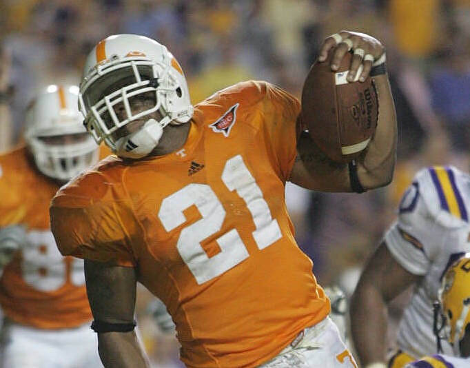 Staff photo / Tennessee running back Gerald Riggs Jr. celebrates after scoring the winning touchdown in the Vols' 30-27 overtime victory at LSU on Sept. 26, 2005.