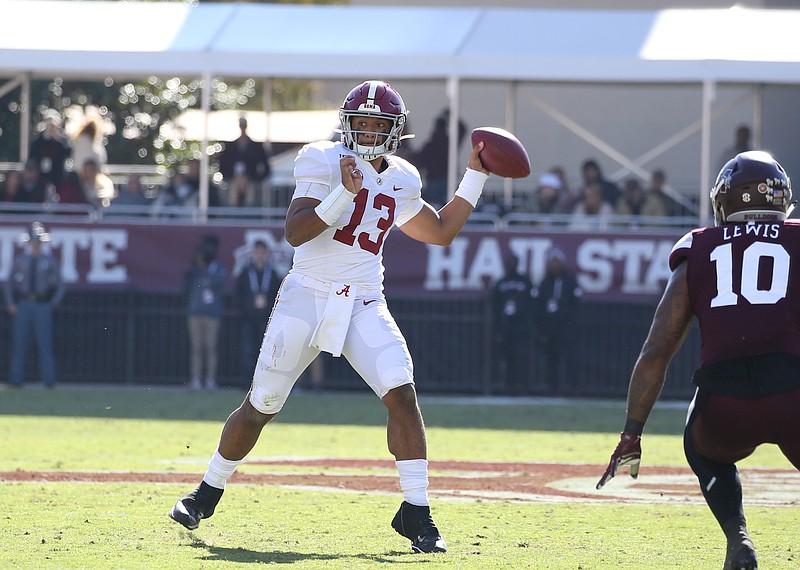 Alabama photo by Kent Gidley / Alabama quarterback Tua Tagovailoa prepares to pass last November at Mississippi State, which turned out to be his final game with the Crimson Tide.