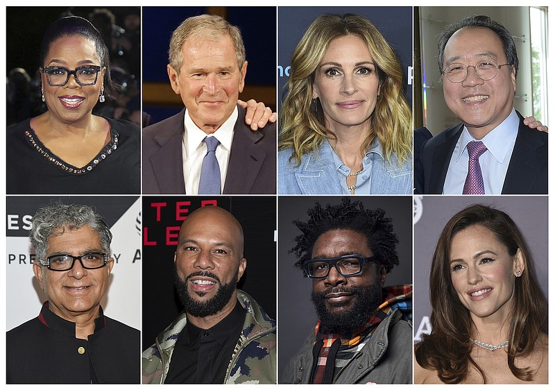Photo by The Associated Press / This combination photo shows, top row from left, media mogul Oprah Winfrey, former President George W. Bush, actress Julia Robert and musician Yo-Yo Ma; bottom row from left, guru Deepak Chopra, rapper Common, musician Questlove, and actress Jennifer Garner, who were among the participants in the 24-hour livestream event, The Call to Unite, that began on Friday, May 1 at 8 p.m.