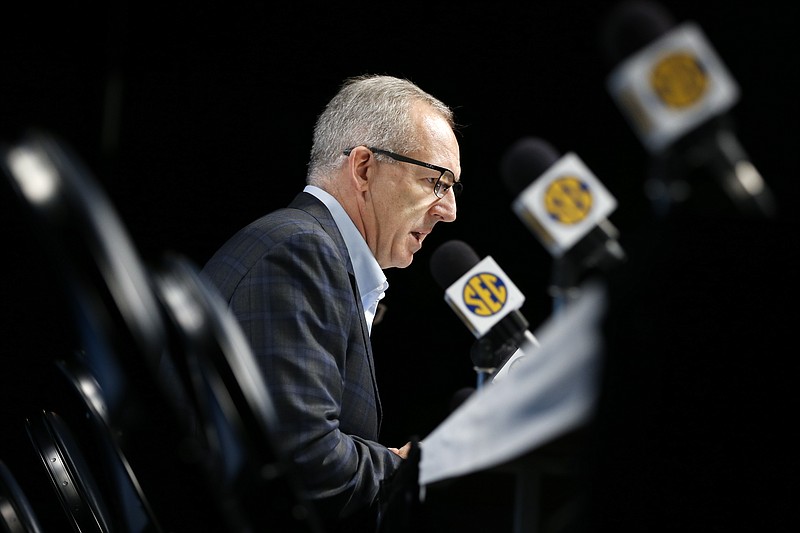 AP photo by Mark Humphrey / SEC commissioner Greg Sankey talks about the decision to cancel the remaining games in the league's men's basketball tournament on March 12 in Nashville.