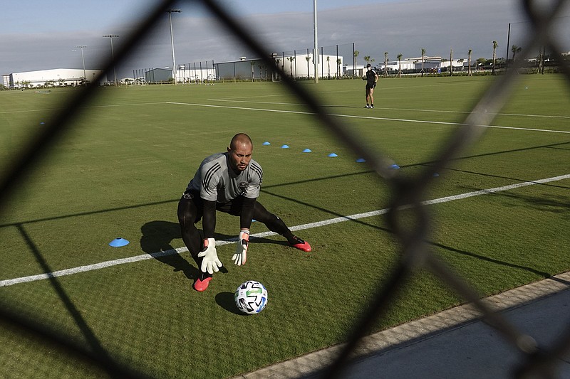 South Florida Sun-Sentinel photo by Joe Cavaretta via AP / Inter Miami CF  goalkeeper Luis Robles practices Wednesday at the team's training facility in Fort Lauderdale, Fla.