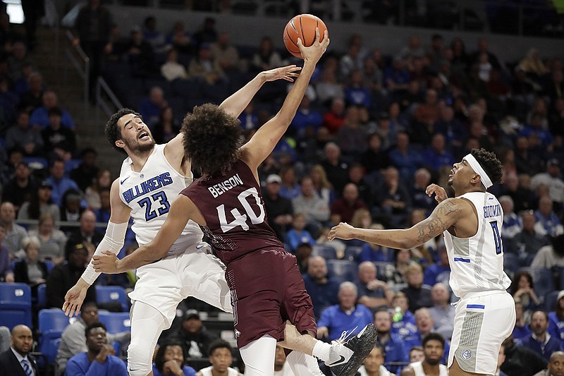 AP photo by Jeff Roberson / Saint Louis University forward KC Hankton, left, and teammate Jordan Goodwin, right, defend as Barret Benson shoots for Southern Illinois on Dec. 1, 2019, in St. Louis. Hankton will transfer to UTC, having signed with the Mocs on Friday.