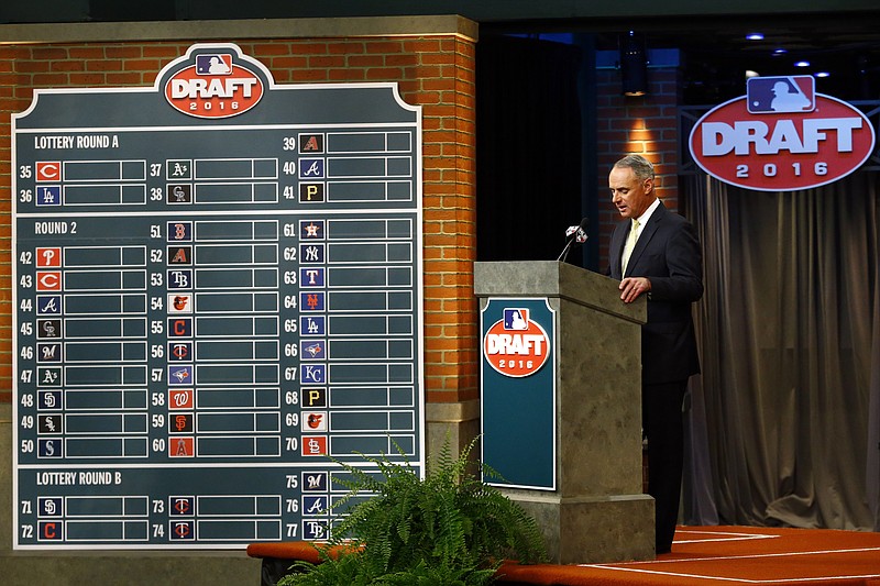 AP photo by Julio Cortez / Commissioner Rob Manfred speaks during the 2016 MLB draft in Secaucus, N.J.